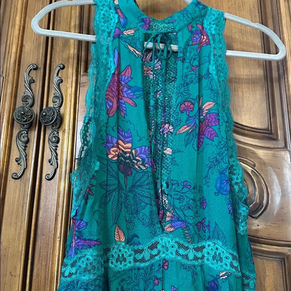 Free People Teal and Purple Floral She Moves Oversized Sleeveless Mini Chemise - Picture 14 of 15